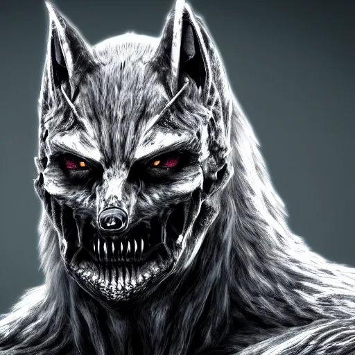 Image similar to a digital art of realistic portrait of werewolf from dark souls, scary grim dark werewolf, fantasy concept art character sheet, 4 k, ultra detail, volumetric lighting, unreal engine, octane render