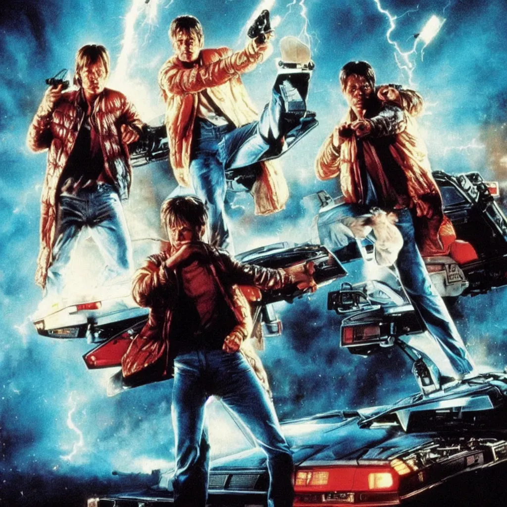 Prompt: back to future marty mcfly near predator in a city like blade runner