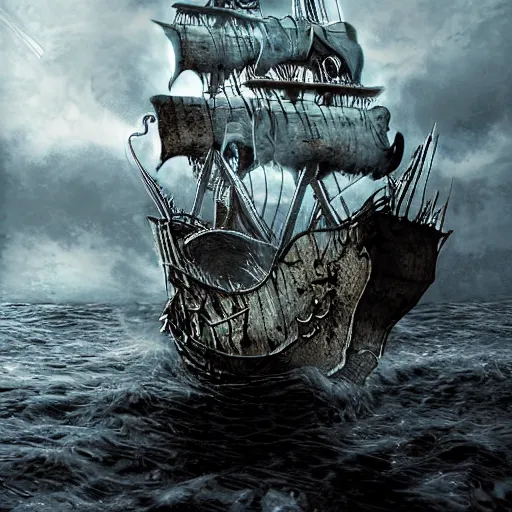 Image similar to haunted ghost ship, pirate, bone, cinematic