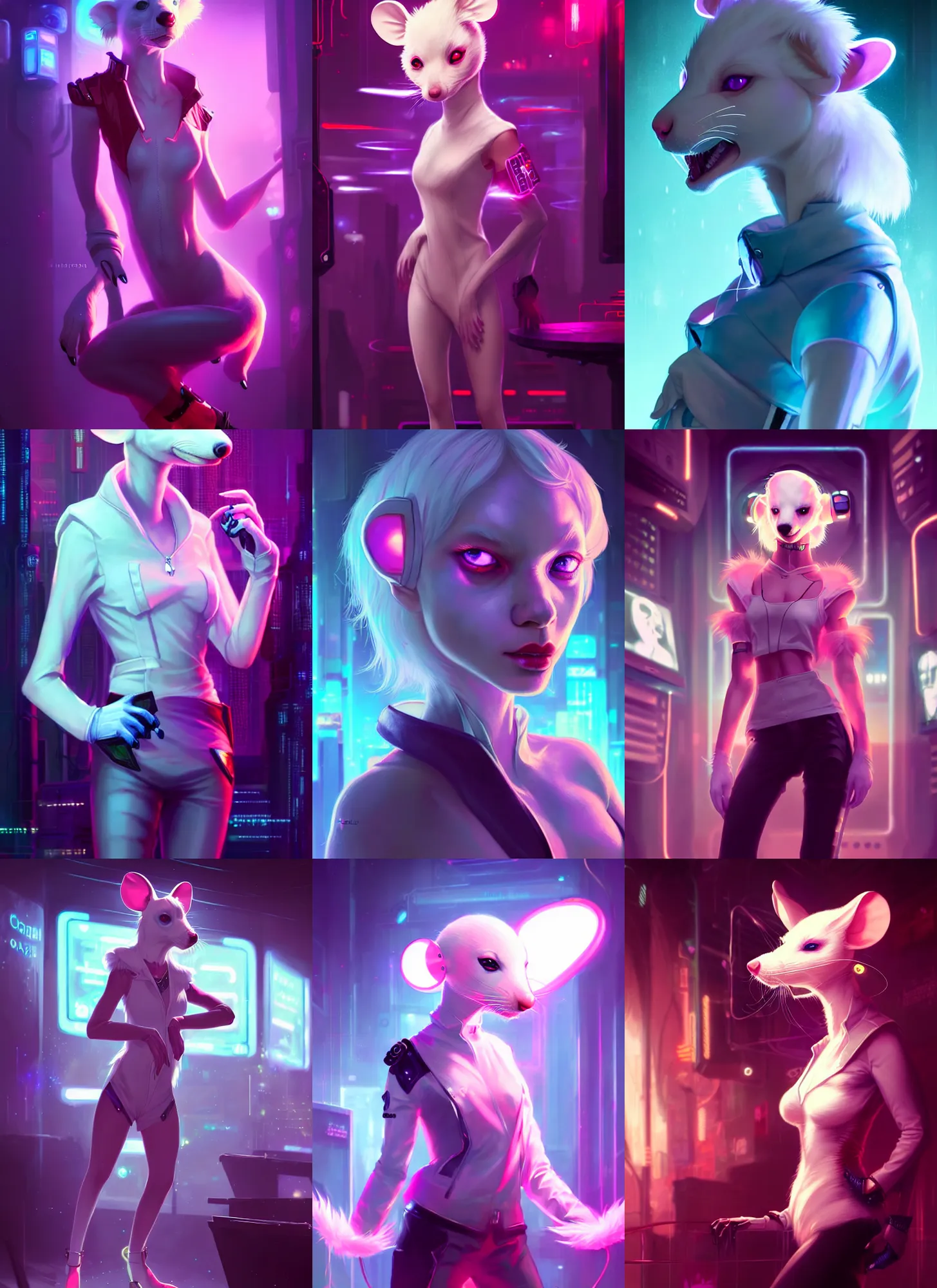 Prompt: beautiful portrait of a female anthropomorphic albino mouse fursona wearing cyberpunk clothes in a cyberpunk dance club. character design by disney, charlie bowater, ross tran, artgerm, and makoto shinkai, detailed, soft lighting, rendered in octane