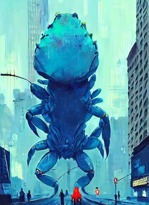 Image similar to crab kaiju in new york, sci - fi art, blue building in the background, art by ismail inceoglu