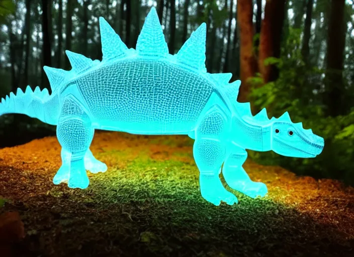 Prompt: photo of a translucent clear pixar 3 d style baby dinosaur stegosaurus, with symmetrical head and eyes, made out of clear plastic, but has red hypercolor glowing electric energy inside its body, and electricity flowing around the body. in the forest.. highly detailed. intricate design by pixar