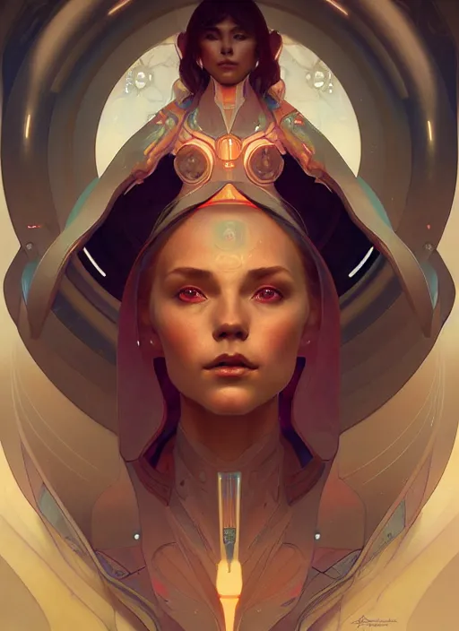 Image similar to symmetry, girl in a spaceship intricate, elegant, highly detailed, digital painting, artstation, concept art, smooth, sharp focus, illustration, art by artgerm and greg rutkowski and alphonse mucha