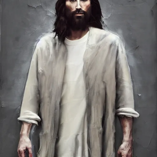 Image similar to a full body lookbook portrait of modern - day jesus wearing cream yeezy and fear of god menswear collection by nicola samori, detailed, oil painting, hyper - realistic, 8 k, yeezy collection