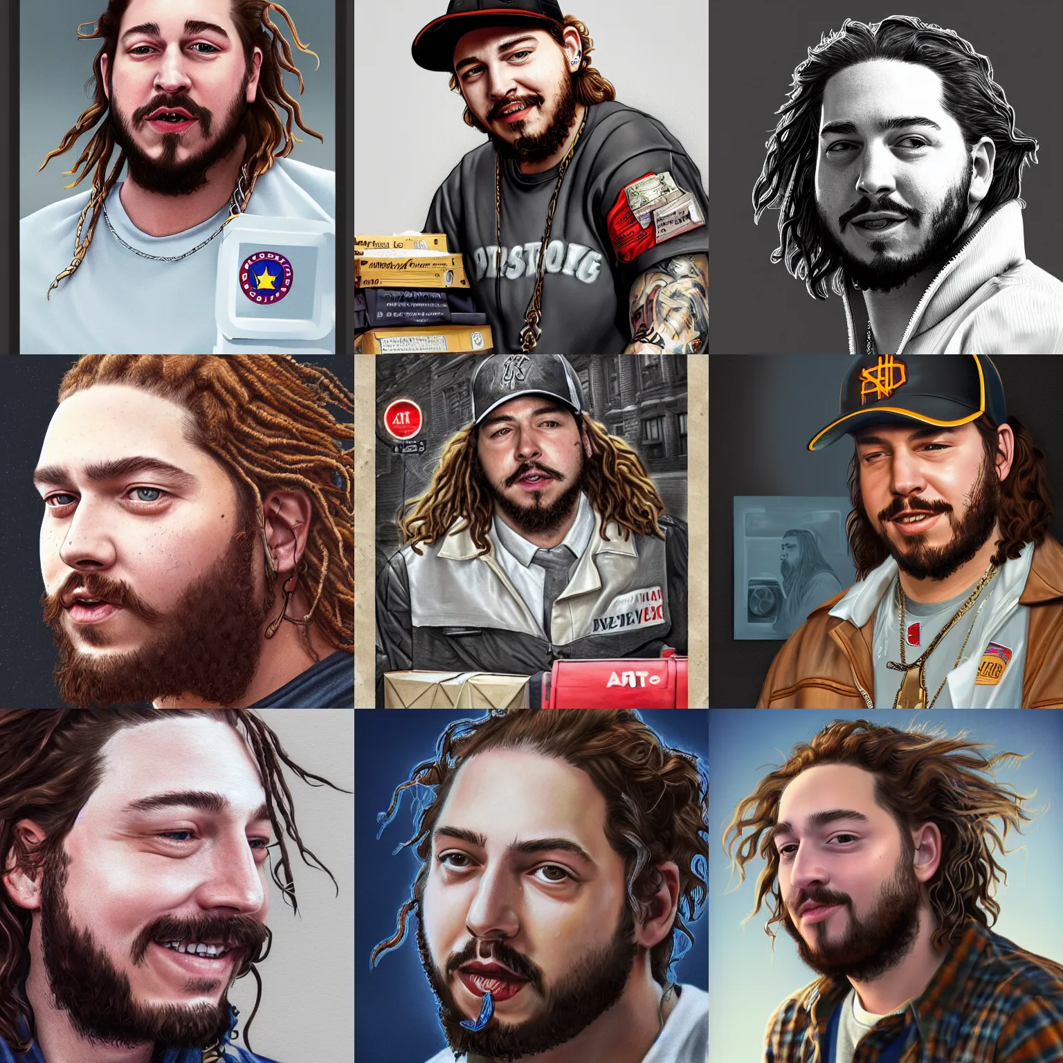 Prompt: a closeup photorealistic illustration of post malone as a postal carrier delivering mail. fine detail. this 4 k hd image is trending on artstation, featured on behance, well - rendered, extra crisp, features intricate detail, epic composition and the style of unreal engine.
