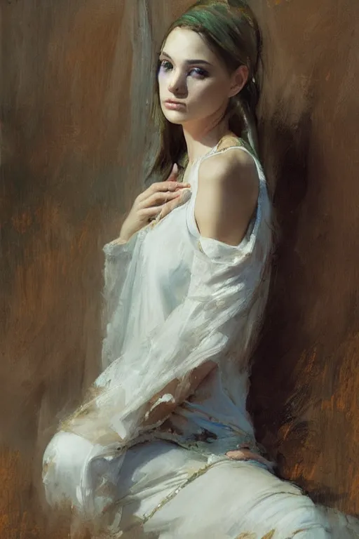 Prompt: Richard Schmid and Jeremy Lipking and simon bisley full length portrait painting of a young beautiful priestess woman