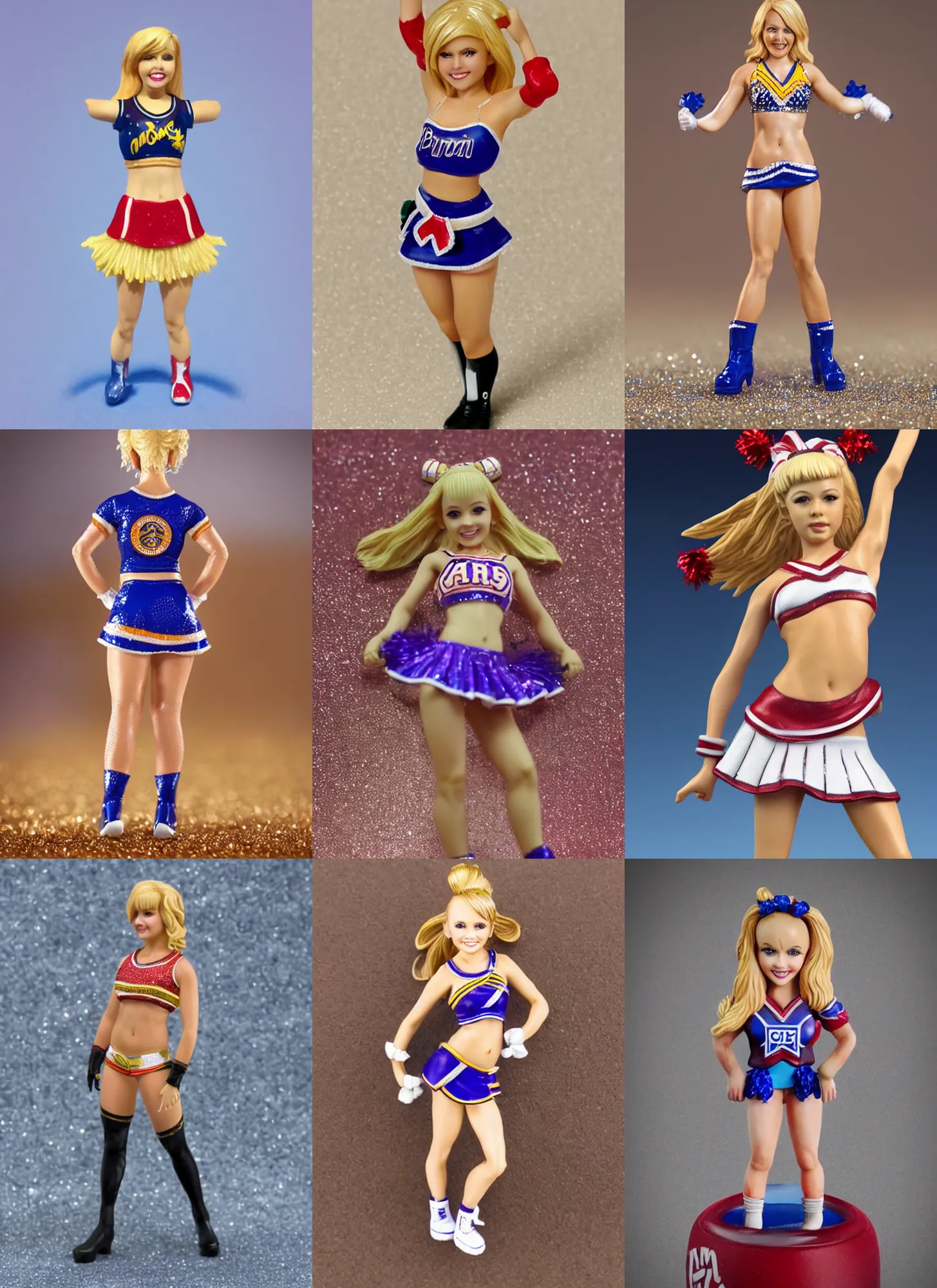 Prompt: 80mm resin detailed miniature of a Cheerleader girl, blond hair, stomach, navel, boots, Logo, textured base; Product Introduction Photos, 4K, view from front