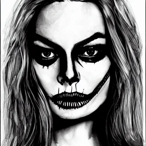 Image similar to grunge drawing of margot robbie in the style of jack skellington