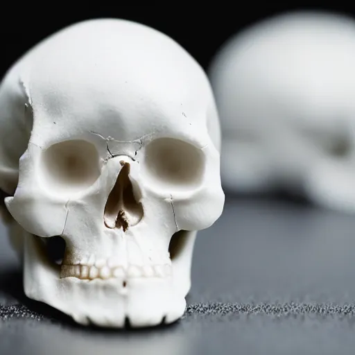 Image similar to a tiny, pristine white human Skull, plain black background, close-up macro photography, bokeh, shallow focus