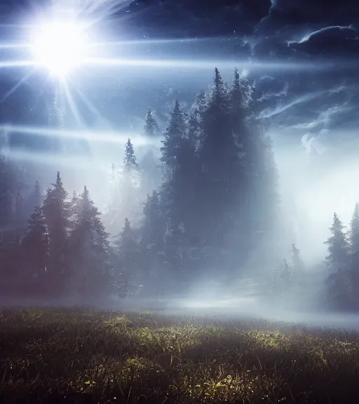 Prompt: celestial crosshairs across the land and sky, majestic light, octane render, beauty fog, ethereal glare, hyperealistic, epic, masterpiece