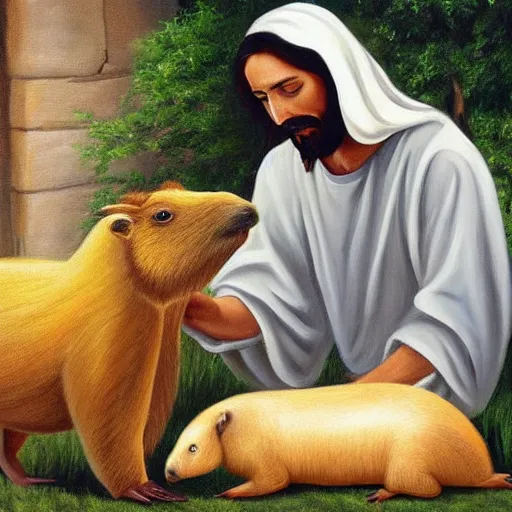 Prompt: real painting of jesus petting a capybara