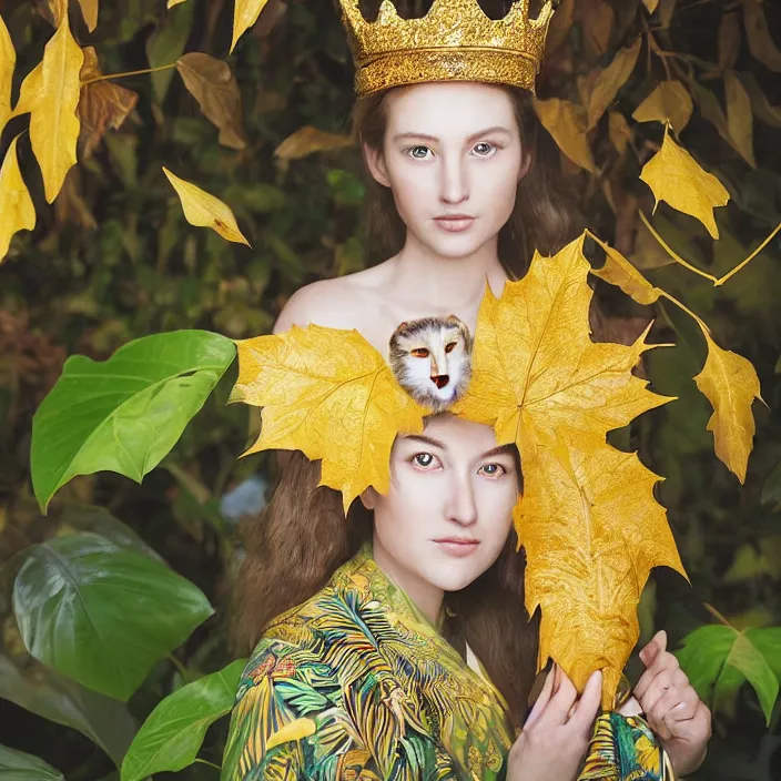 Image similar to portrait photograph of an extremely beautiful!!!! young female , symmetric face!, symmetric round detailed eyes!!, slight smile, natural light, wearing a yellow kimono!! with a very detailed barn owl! on her shoulder in a tropical greenhouse. looking at the camera!!. golden crown made of golden leaves. super resolution. Extremely detailed. Graflex camera!, bokeh!!!!! trending on artstation.