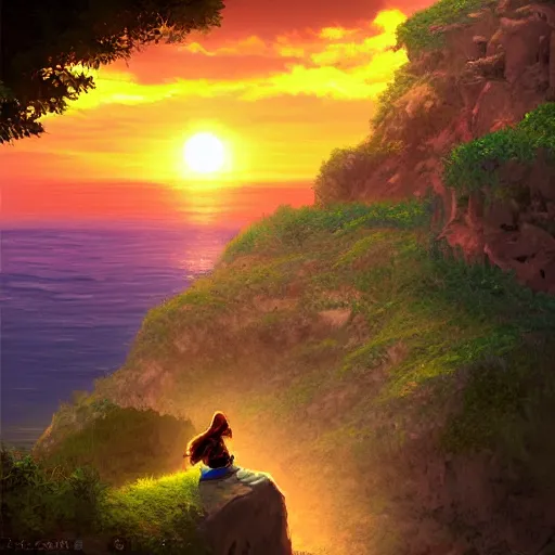 Image similar to a knight rests on a cliff above a cozy and cute seaside village at sunset, dramatic lighting, vivid color, 1 6 bit pixel cover art, trending on artstation