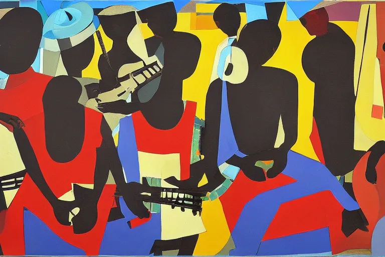 Prompt: a painting of a group of men playing instruments, an ultrafine detailed painting by romare bearden, behance, black arts movement, artwork, fauvism, academic art, large brush strokes, grainy texture