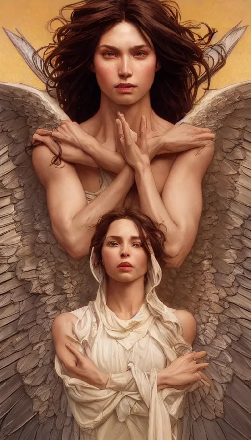 Image similar to archangel, perfectly-centered-Portrait of the most beautiful women on the planet, sweaty, dynamic action pose, insane, intricate, highly detailed, digital painting, artstation, concept art, smooth, sharp focus, illustration, Unreal Engine 5, 8K, art by artgerm and greg rutkowski and alphonse mucha