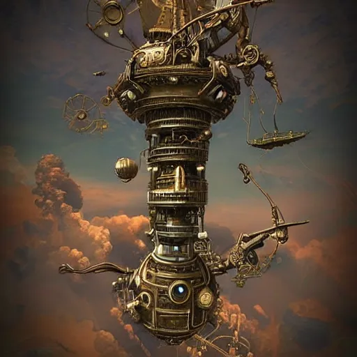 Prompt: flying city in a bronze flower, sky, steampunk!!!, fantasy art, steampunk, masterpiece, octane