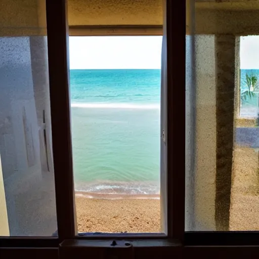 Prompt: death looking out from beachfront balcony