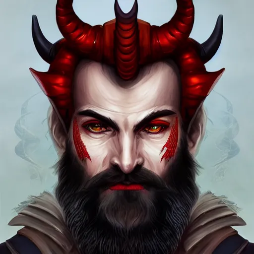 Image similar to dnd portrait of a tiefling, male, red scales, a big black beard, completely golden eyes, 2 curved horns growing out of his forehead,