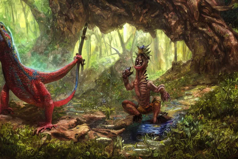 Prompt: a lizard man finding a colorful hotspring deep in the forest, oil painting, highly detailed, medieval fantasy, featured on artstation