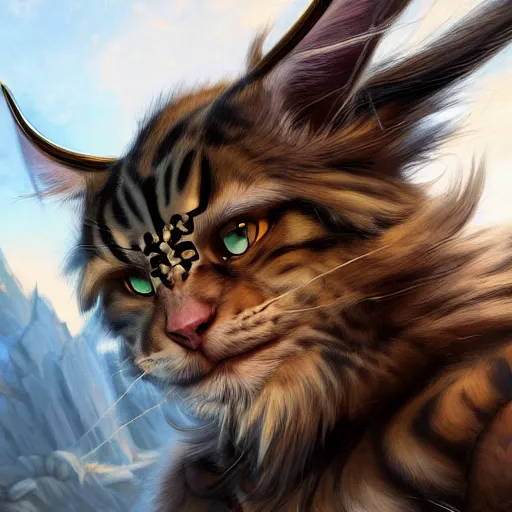 Image similar to portrait of a very cute fursona maine coon barbarian, muscular, wild, d & d, fantasy, intricate, full - length, cinematic lighting, highly detailed, digital painting, artstation, concept art, smooth, sharp focus, illustration, art by hajime sorayama