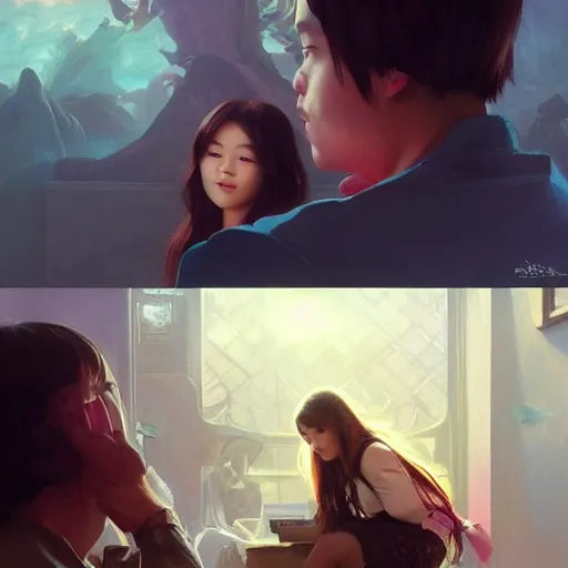 Image similar to setting next to your cute asian girlfriend at the movies,!! cute!!, happy, first - person pov, highly detailed, digital painting, artstation, concept art, sharp focus, illustration, cinematic lighting, art by artgerm and greg rutkowski and alphonse mucha