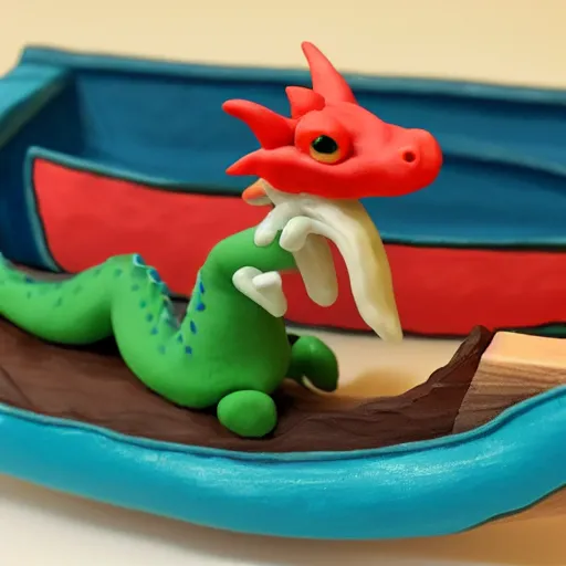 Image similar to polymer clay dragons in a canoe, eating pizza, claymation