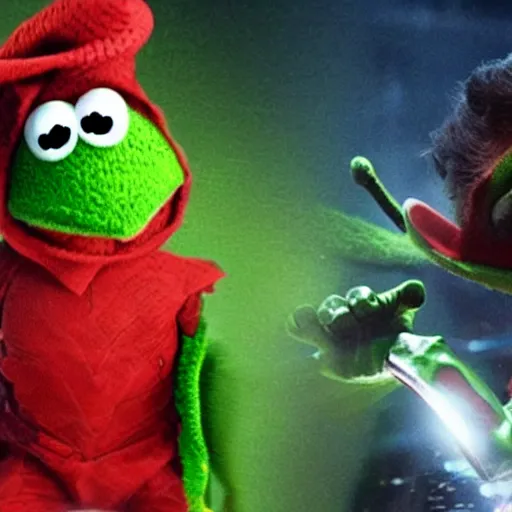 Image similar to still from marvel movie avengers 99 robert downey fighting evil kermit the frog 4k