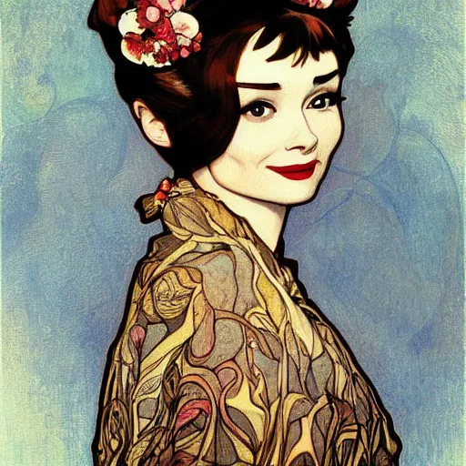 Image similar to romantic painted portrait of audrey hepburn by james jean, mucha