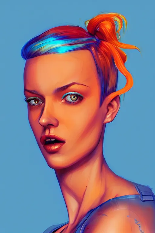 Image similar to a award winning half body portrait of a beautiful caucasian woman in a croptop and cargo pants with ombre orange blue teal hairstyle with head in motion and hair flying by martine johanna and will eisner, outrun, vaporware, digital art, trending on artstation, highly detailed, fine detail, intricate