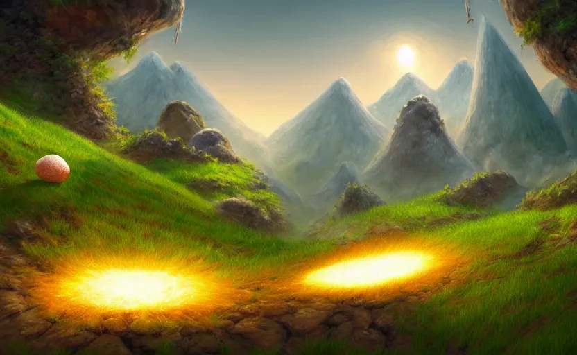 Image similar to magic : the gathering fantasy concept art of excited riceballs with excited expressions bouncing down a mountain path, by marco bucci, high resolution, the riceballs are bouncing up and down and leaving a trail of rice seeds behind them, fantasy coloring, intricate, digital painting, artstation, smooth, sharp focus