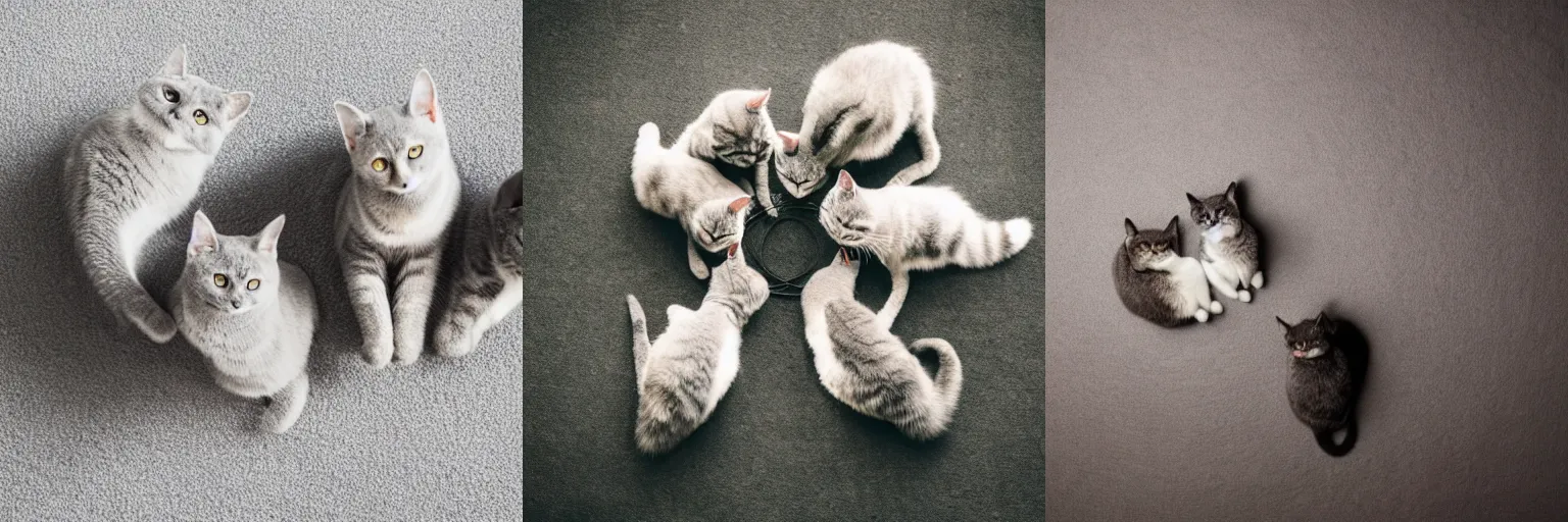 Prompt: three grey house cats cats lying in a circle, photograph from above, FujiFilm photo taken using large aperture, pleasant twilight lighting, centered, sharp focus