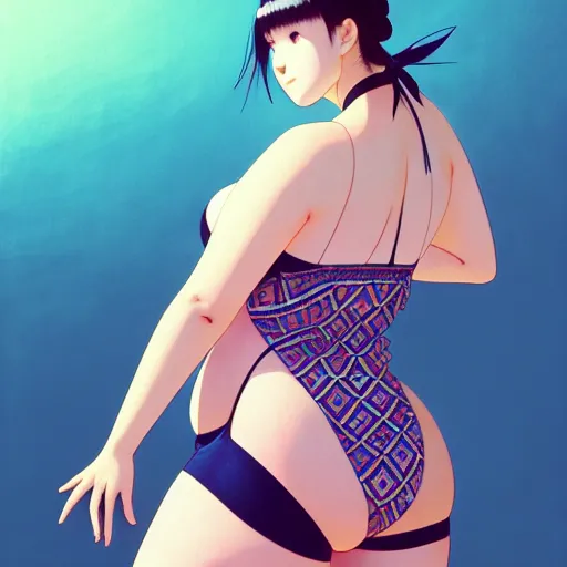 Image similar to a beautiful plus sized model japanese natalie portman, alluring plus sized model, wearing mayan leotard with overalls, street fashion hip hop style with mayan patterns, aztec street fashion, gapmoe yandere grimdark, trending on pixiv fanbox, painted by greg rutkowski makoto shinkai takashi takeuchi studio ghibli, akihiko yoshida