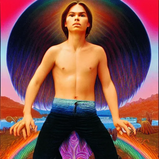 Prompt: river phoenix by Alex Grey and Lisa Frank and William Adolphe Bouguereau