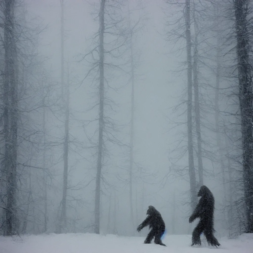 Image similar to photo, bigfoot is hiding in the background. cold color temperature, snow storm. hazy atmosphere. humidity haze. kodak ektachrome, greenish expired film, award winning, low contrast