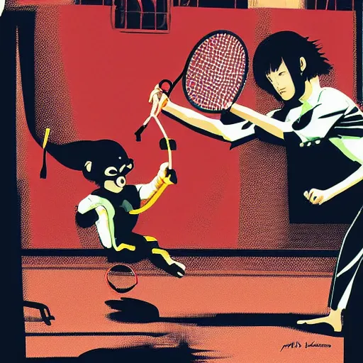 Image similar to illustration of monkeys playing badminton by ilya kuvshinov katsuhiro otomo