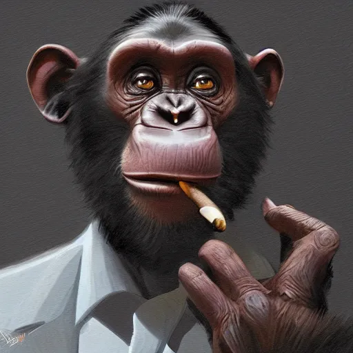 Image similar to a chimp wearing a suit smoking a cigar, dramatic lighting, cinematic, establishing shot, extremly high detail, photorealistic, cinematic lighting, artstation, style by James Gurney