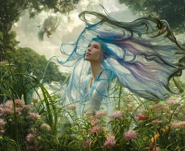 Image similar to transparent clear see - through image of twisting clouds, lush botany, floral environment, ultra realistic, concept art, art nouveau, photorealistic, octane render, 8 k, unreal engine. art by gustave dore and nori inoguchi and sam kaplan and zachary goulko and christopher marley and artgerm and alphonse mucha