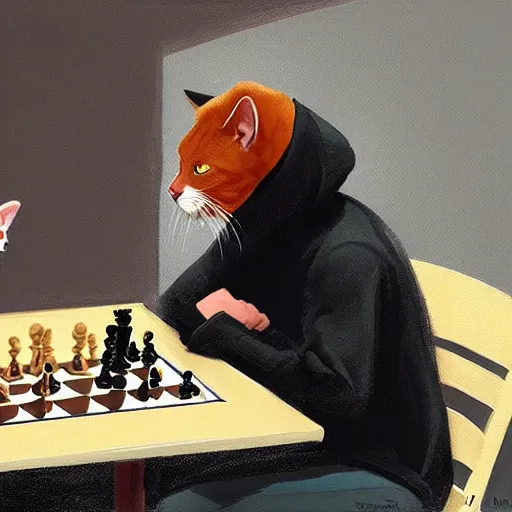 Prompt: death in a black hoodie plays chess with a ginger cat at a table on a sunny veranda, artstation