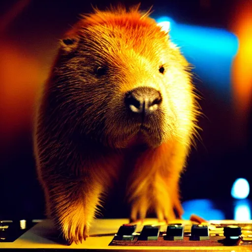 Prompt: Capybara DJing at a nightclub, HD photograph, by Michael Mann