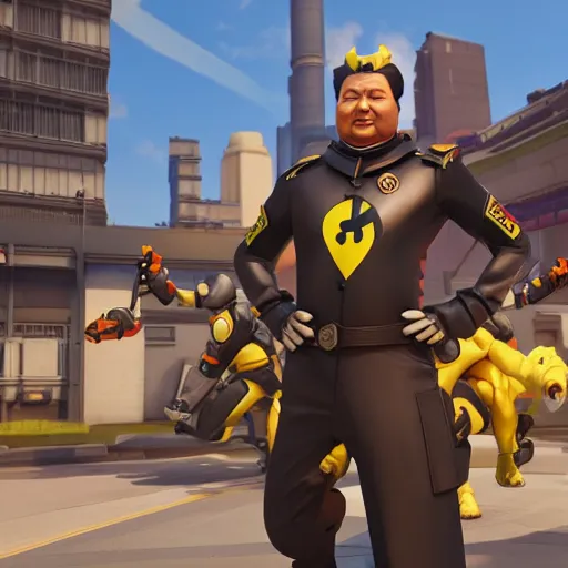 Image similar to mao zedong is the newest overwatch character, kings row in the background, octane render, blender render, unreal engine, action shot, cinematic lighting