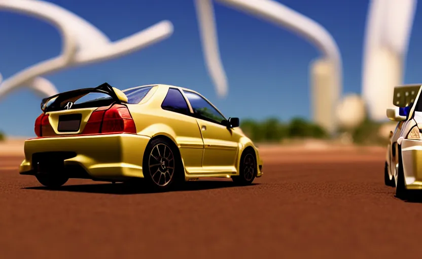 Image similar to photograph of a cell-shaded Honda EK9 Type-R with an anime girl, speeding on a desert road with a futuristic city in the horizon, kicking up dirt, action shot, one point perspective, 1-point perspective, tilt shift, sigma 85mm f/1.4, 4k, depth of field, high resolution, 4k, 8k, hd, full color