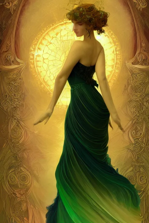 Prompt: a magic the gattering illustration of a woman angel , fantasy, gradient black green gold, dreamy and ethereal, green eyes, golden ratio, peaceful expression, ornate frilly dress, fantasy, intricate, elegant, rainbow splash of ink, highly detailed, digital painting, artstation, concept art, smooth,b sharp focus, illustration, art by scott fisher and alphonse mucha