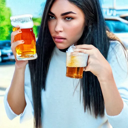 Prompt: 4k,ultra detailed portrait of Madison Beer drinking beer at the parking lot by Rachel Ruysch