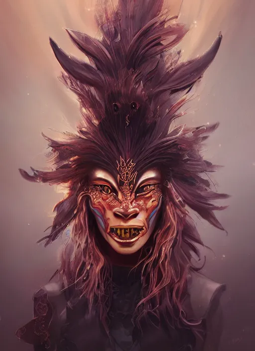 Image similar to a beautiful detailed oil on copper art illustration of a japanese kokushikijo mask devil woman, centered, by charlie bowater, zeng fanzh, trending on artstation, dim dusk lighting, cinematic lighting, detailed lighting, volumetric lighting, realistic, f 8, 4 k hd wallpaper