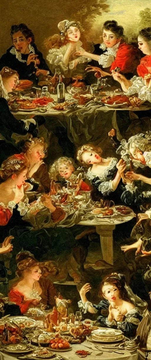 Prompt: vampires at a feasting dinner table with bones on plates super dreamy scary beautiful oil painting in the style of francois boucher