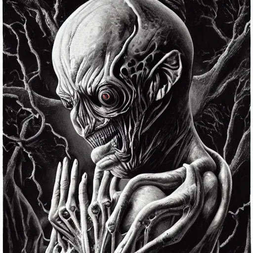 Image similar to a portrait of a creature from the beyond, body horror, by gerard brom and ansel adams