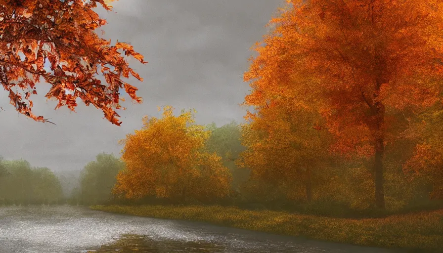 Image similar to autumn, midwest town, grey sky, leafs, trees, river, hyperdetailed, artstation, cgsociety, 8 k