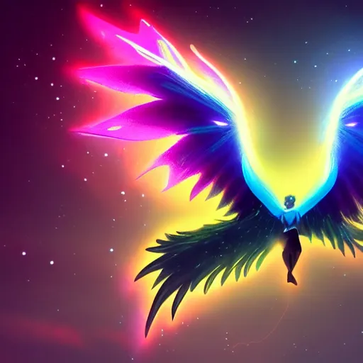 Prompt: bioluminescent winged fairy dragon breathing out the galaxy in 4 k colorful soft lighting diffuse powerful dielectric effects twisting artstation trending high definition high detail low orthogonality