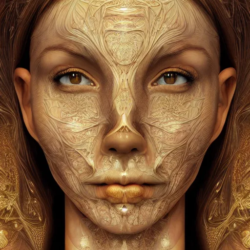 Image similar to face portrait of a beautiful woman, 150 mm, anatomical, flesh, flowers, mandelbrot fractal, veins, arteries, symmetric, intricate, golden ratio, full frame, microscopic, elegant, highly detailed, ornate, ornament, elegant , luxury, beautifully lit, ray trace, octane render in the style of peter Gric , alex grey and Romero Ressendi