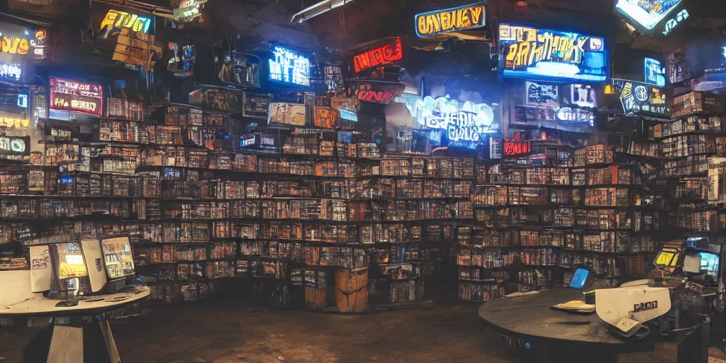 Prompt: a gritty cyberpunk Blockbuster Video marketplace